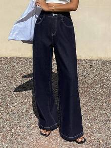 DAZY Loose Casual Straight-Leg Women's Jeans With Slant Pockets, Versatile - Navy Blue - View 3