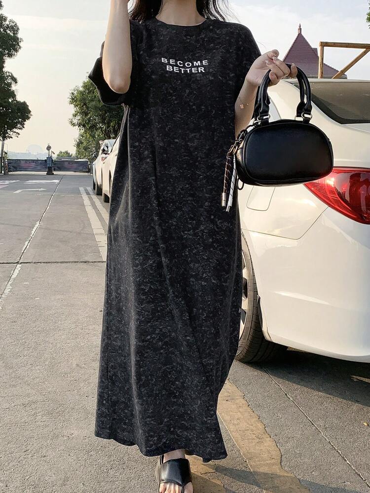 Casual Tie-Dye Letter Print Long Dress, Suitable For Everyday Wear