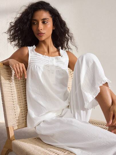 Ocili Women's Solid Color Frill Trim Sleeveless Top And Pants Pajama Set