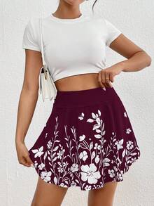 SHEIN Essnce Váy quần nữ mùa hè dáng suông cạp cao, kiểu dáng tối giản, có túi đựng điện thoại, họa tiết hoa. - Màu đỏ tím - Xem 6