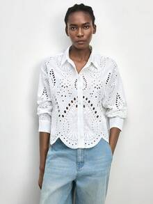 Maija White Summer Elegant Romantic Brunch Vacation Eyelet Embroidery Blue Floral Geometric Pattern Women Shirt Top Beach Vacation Outfits Casual Blouses - White - View 5