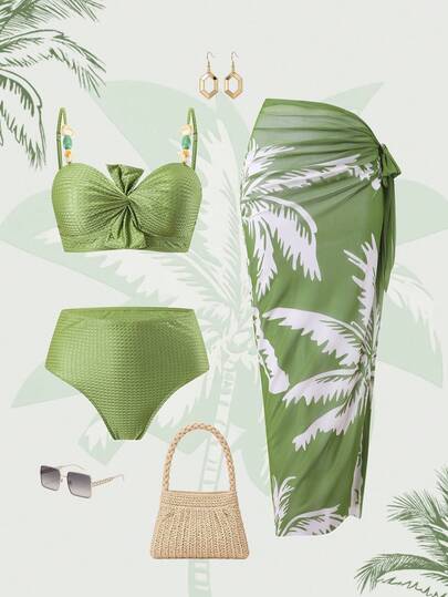 Swim Oasis 2026 Hot Selling 3pcs Women's Bikini Set, Halter Tankini Top, Bottoms And Skirt, Sexy Beach Pool Party Outfit, Spring/Summer, Vintage Romantic Elegant, Chest Tie Strap Stone Decor, Waist Slimming Bust Enhancing, Green Coconut Tree Print, Bohemian Beach Club Style