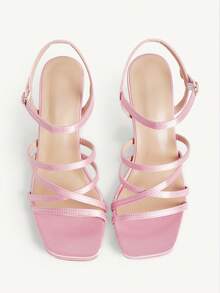CUCCOO CHICEST French Pink Satin Multi-Ribbon Wrap Square Heel High Heel Sandals Wedding Shoes - Pink - View 9