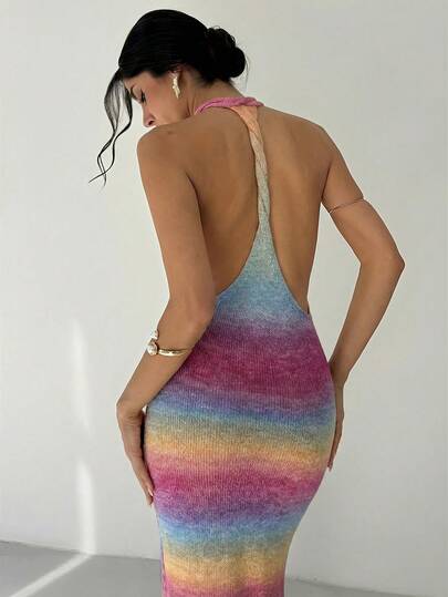 Aloruh Boho Women Sweater Dresses, Cream Yellow Solid Color Backless Bodycon Knit Dress, Elegant Sexy Resort Outfit, Summer Dresses, Beach Vacation Dress
