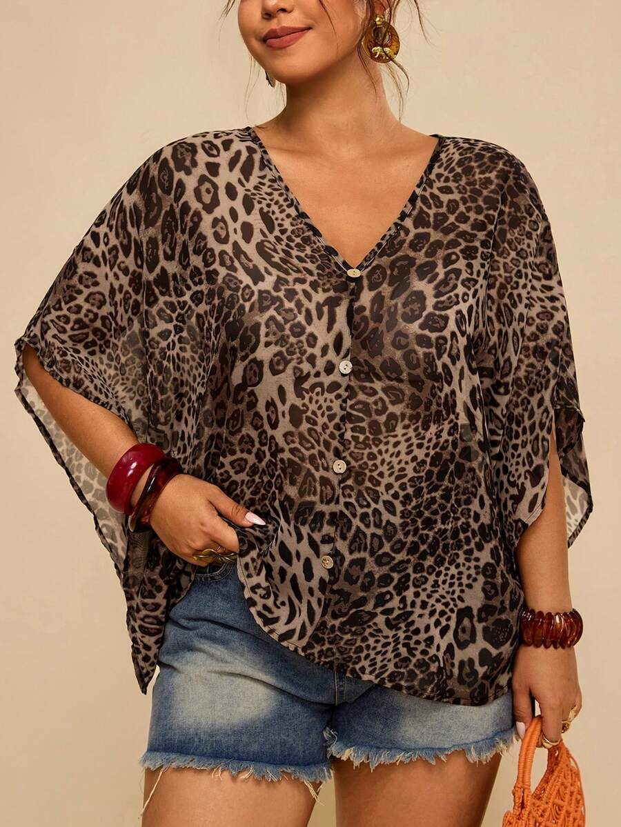 Travachic 大码纹理蝙蝠袖V领衬衫 - 彩色 - 查看 1