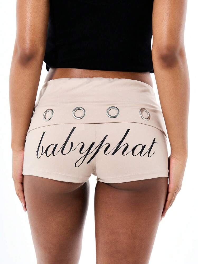 BABYPHAT Shorts Beges Justos de Cintura Alta com Detalhe de Cós Dobrado e Ilhós Metálicos, Estilo Casual de Shorts Curtos para Verão e Festivais