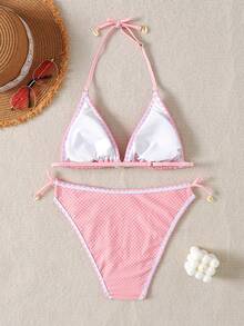 SHEIN Bộ đồ bơi mùa hè cho bé gái, kiểu dáng mềm mại, có sọc, cổ yếm buộc dây, 2 món/bộ, đồ bơi hai mảnh màu hồng nhạt cho thiếu nữ, bộ bikini màu hồng nhạt, bộ bikini kín đáo, bộ bikini tam giác. - Hồng - Xem 2