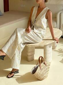 Livesso Conjunto de Colete Regata e Calça Casual de Perna Reta com Estampa Floral e Geométrica para Primavera e Verão, Conjunto Elegante de Duas Peças para Ir ao Trabalho, Férias, Praia - Branco - Visão 4
