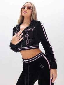 BABYPHAT Plus Size Black Velour Full Zip Sweatshirt With Pink Trim Contrast Detailing And Cursive Script Print Long Sleeve Track Jacket - Black - View 2