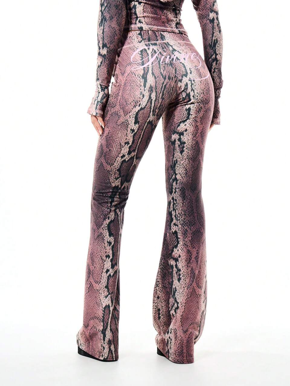 SUMWON Women Snake Print Slinky Low Rise Flare Trouser Palazzo Wide Leg Animal Print Fashion Statement Casual Pants