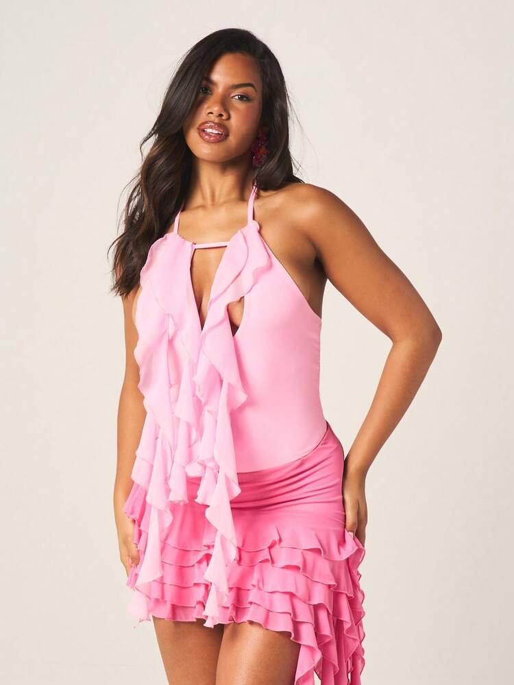 MISSGUIDED Women's Pink Halter Neck Ruffle Detail Backless Bodysuit With Tiered Asymmetrical Hem Party Evening Outfit