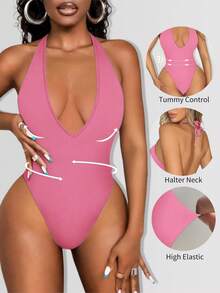 Sirith 无缝针织深V领连体衣 - 粉色 - 查看 3