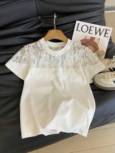 GlowEve Women's Casual Solid Color Lace Patchwork T-Shirt, Summer