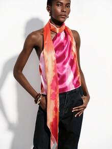 Aveloria Modichic Women's Pink And Orange Silk Tie Dye Cami Top,Summer Elegant Party Night Gradient Sleeveless Blouse,Draped Neck Hanging Ribbon Design,Backless - Multicolor - View 3