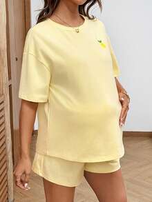 Lyckli 孕婦檸檬刺繡圓領短袖T恤與抽繩腰鬆緊短褲休閒寬鬆兩件套夏季穿搭 藍黃配色正式款 - 黃色 - 查看 5