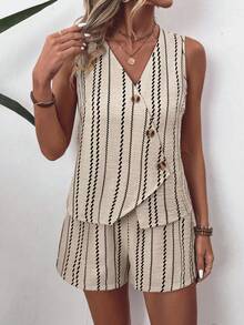 SHEIN LUNE Ladies Weave A Casual Striped Summer Two Pieces Set - Apricot - View 1