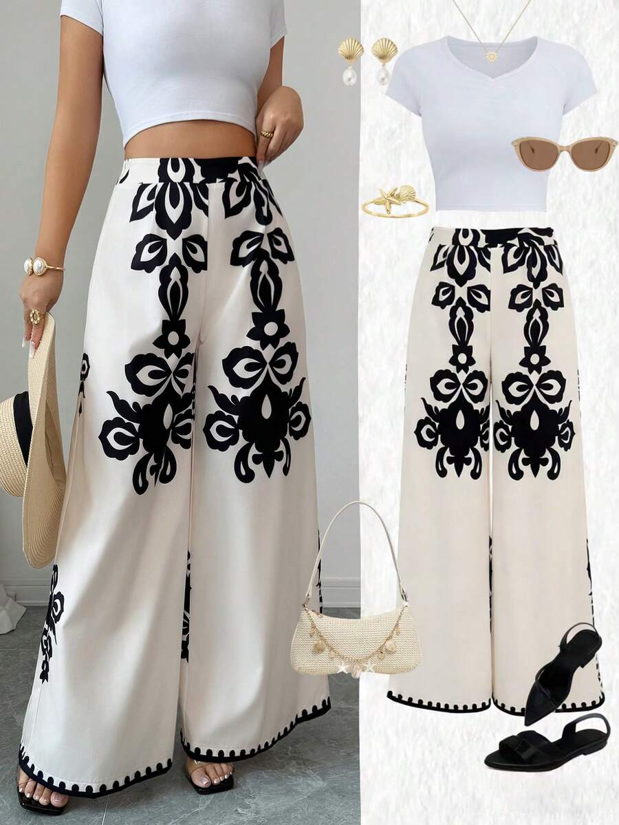 SHEIN Elenzya Pantalones anchos estampados para mujer, elegantes, casuales para vacaciones, viajes, moda, citas, estilo francés retro, versátiles para primavera y verano, con estampado en color negro sobre base color albaricoque, nuevos pantalones anchos - Multicolor - Ver 1