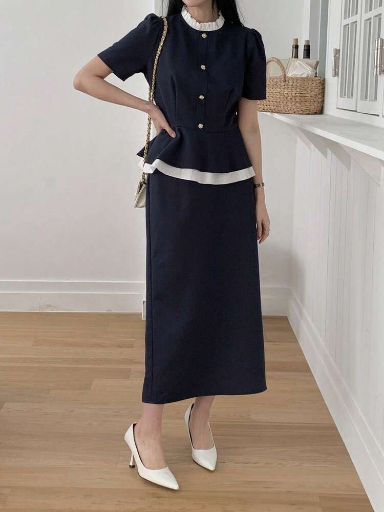 Women's Elegant Commuter Colorblock Shirt & Skirt 2 Pieces Set, Summer