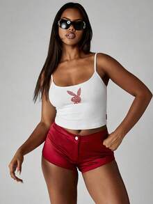 Missguided x Playboy Diamante Cami Top White Scoop Neck Tank Top With Red Rhinestone Bunny Logo - White - View 3
