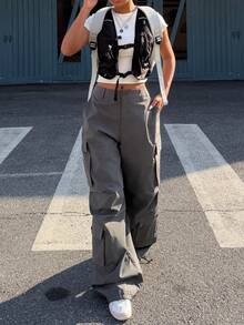 Muchica Quần cargo nữ màu xám đậm dáng rộng, chất liệu dệt kim, có túi nắp, thích hợp cho mùa hè. - Xám - Xem 5