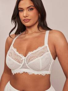 SHEIN BAE 1pc Plus Size Lace Patchwork Underwire Lingerie Bra - White - View 7