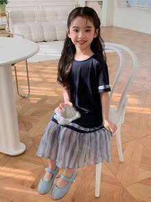 Dazy Kids 女童拼色圓領短袖休閒寬鬆荷葉邊拼接洋裝 夏季陽光洋裝 - 藍色 - 查看 5