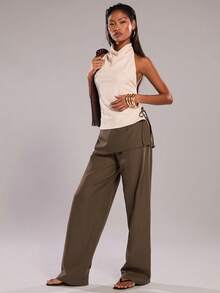 SHEIN BAE 女士休闲简约通勤侧系带直筒裤 - 卡其色 - 查看 3