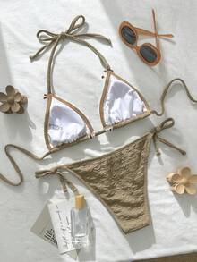 Swim Mod Women's Bikini Set 2-Piece,White,Summer,Elegant,Pool Party,Holiday,Bow Decor Ribbon Floral Texture Triangle Cup Swimwear,Boho Beach Resort Outfit - Baby Pink - View 2