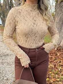Jeta Ari 1pc Women's Elegant Solid Color Long Sleeve Hollow Out Stretchy T-Shirt - Apricot - View 3