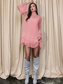 Bris Aura Gaun Wanita Elegan Warna Polos dengan Lengan Berkerut dan Mengembang, Gaya Bohemian, Gaun Musim Panas untuk Wanita - Berwarna merah muda - View 5