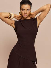 Olia Maree Olia Maree 2件套 女士纯色纹理褶皱圆领无袖上衣 - 棕色 - 查看 4