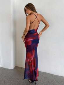 Aloruh Blue Printed Beaded Backless Sexy Draped Neck Vacation Dress, Y2K Music Festival Island Holiday Dress - Multicolor - View 3