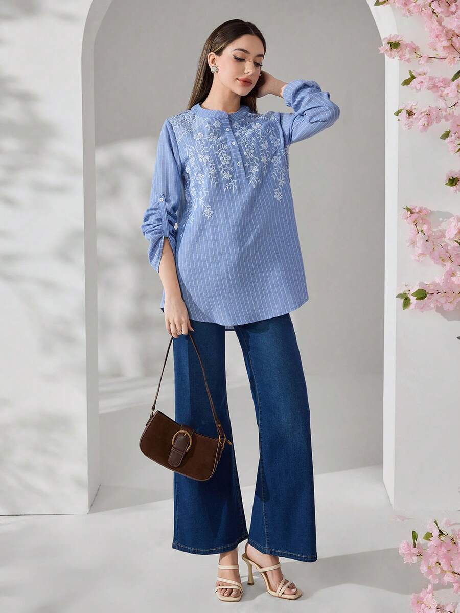 Veilorie New Embroidered Striped Casual Comfortable Daily Versatile Long Sleeve Shirt