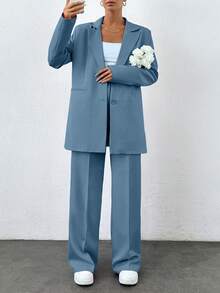 Women's Solid Color Notched Collar Single-Breasted Long Sleeve Jacket And Wide-Leg Pants Suit, Tall Women - Dusty Blue - View 1
