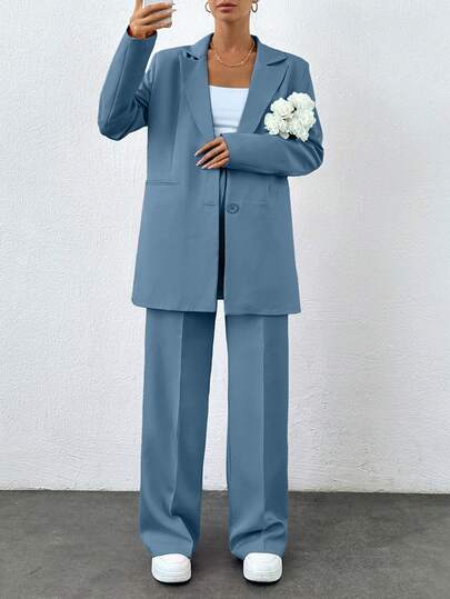 Damen Einfarbiger Anzug mit Revers, Einreiher, Langarm Jacke und weite Hose