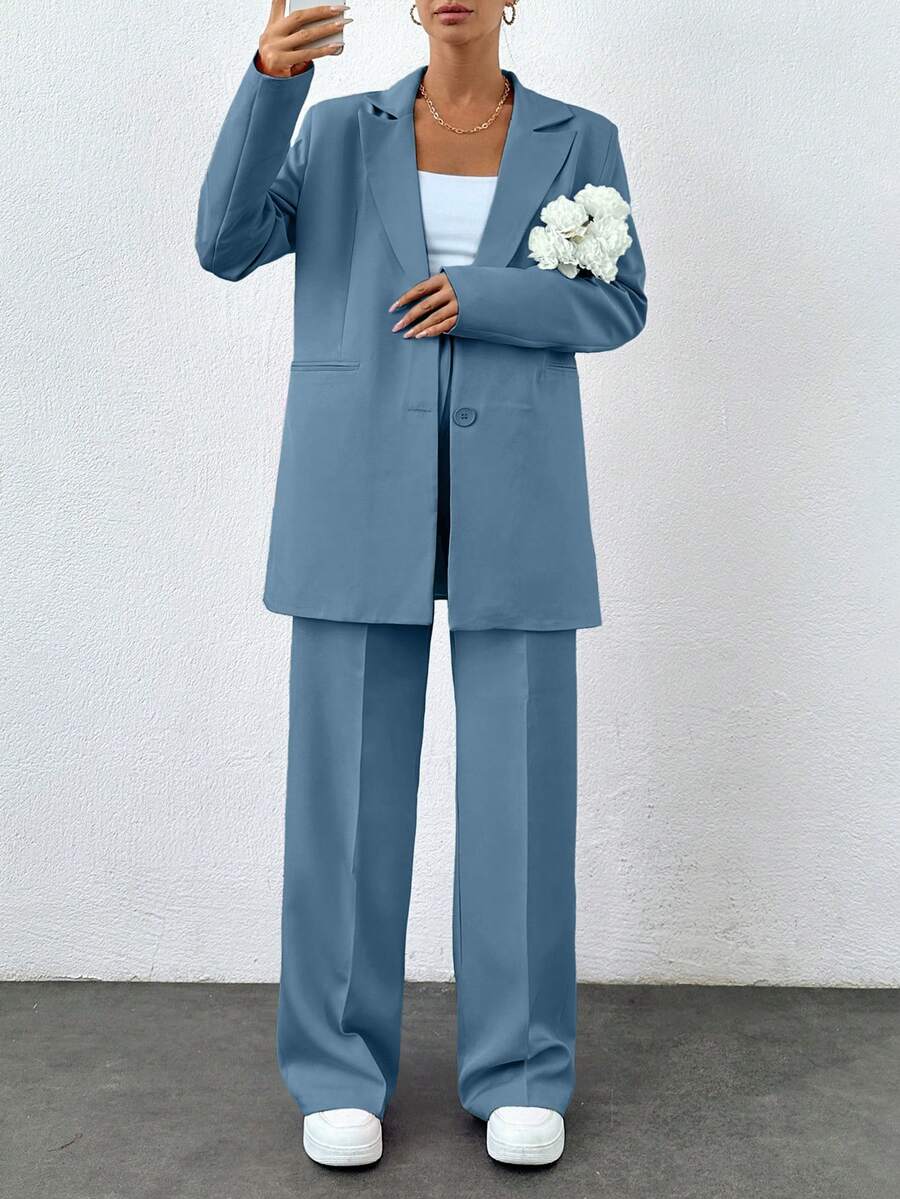 Women's Solid Color Notched Collar Single-Breasted Long Sleeve Jacket And Wide-Leg Pants Suit, Tall Women - Dusty Blue - View 1