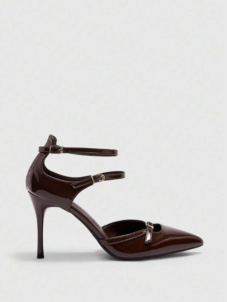 CUCCOO BIZCHIC Coffee Brown Patent Leather Pointed Toe Slingback Pumps With Buckle Decor, Hollow Out Stiletto Heels, Elegant Women Shoes Spring Shoes