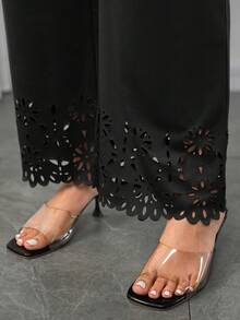 Momance 女士纯色长款休闲烧花优雅直筒孕妇裤 - 黑色 - 查看 5