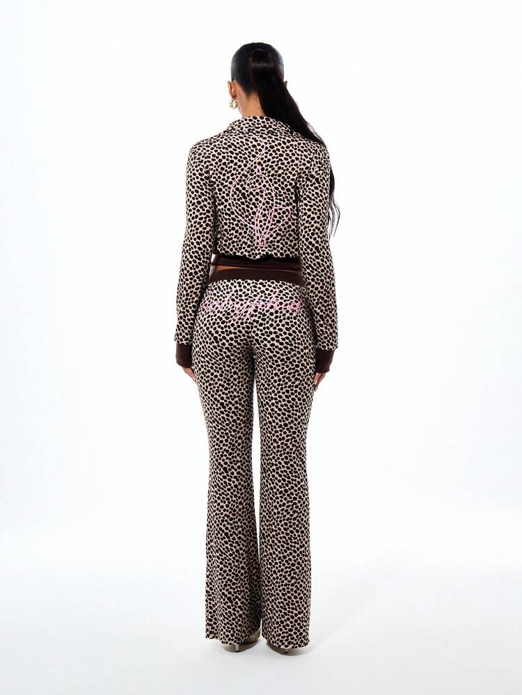 BABYPHAT Cheetah Print Velour Sweatpants High Rise Wide Leg Palazzo Style Casual Pants With Elastic Waist Drawstring Brown Animal Print Pattern Fall Winter Comfortable Lounge Wear