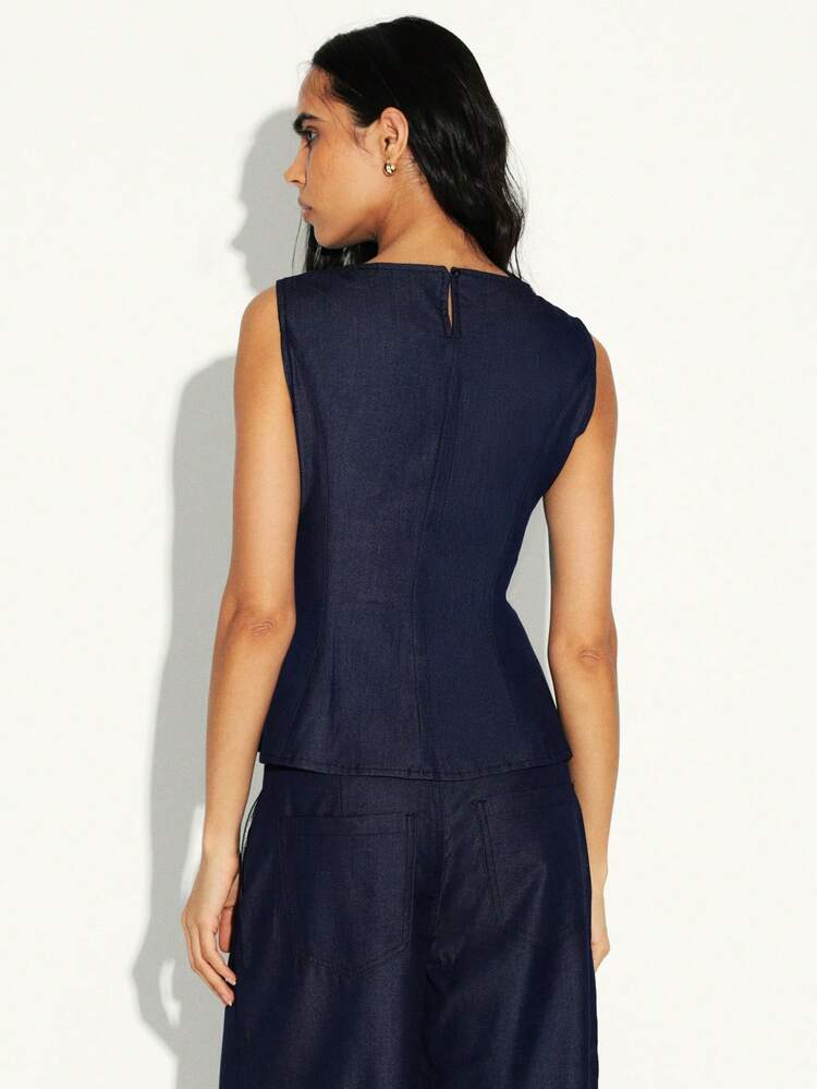 KSTM Women Sleeveless Denim Effect Peplum Top Navy Blue Vintage Style Flared Hem Casual Blouse Round Neck Summer Tank