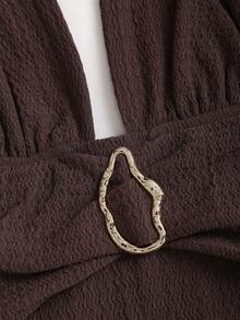 Sweetra Elegant Textured Brown Metal Buckle Decor Halter Neck Ruffle Hem Short Dress, Suitable For New Year Party - Brown - View 5