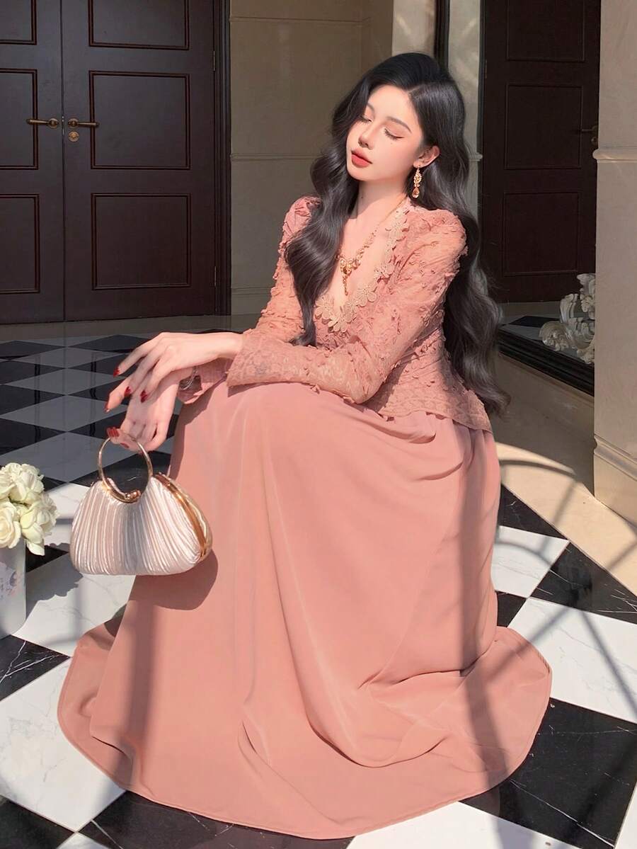 DAZY Spring & Summer Pink Lace Dress, Elegant For Valentine's Day, Wedding, Party, Banquet, Fashion Event. Slim Fit, Sheer Mesh Patchwork, High Waist, Flared Dress For Women Sundress - Watermelon Pink - View 1