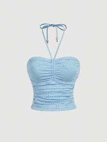 SHEIN MOD 纯色挂脖褶皱刺绣抽绳比基尼套装 - 藍色 - 查看 10