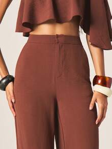 MISSGUIDED Women One Shoulder Ruffle Crop Top And Wide Leg High Waist Palazzo Pants Two Piece Coordinated Set For Fall Winter Occasions - Camel - View 4
