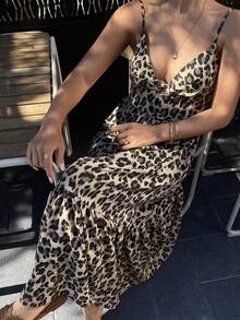 DAZY Women's Leopard Print Spaghetti Strap Mid-Length Dress, Korean Style, Spring/Summer - Coffee Brown - View 8