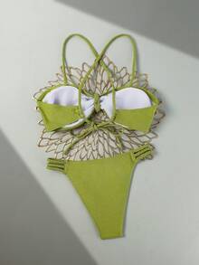 Swim Vcay Bộ đồ 2 mảnh phong cách thường ngày mùa xuân/hè dành cho nữ, chất liệu vải dệt kim bóng màu xanh bạc hà, phần ngực xếp ly, dây chéo và lưng hở, kết hợp với quần tam giác cạp cao buộc dây bên hông. - màu xanh lá - Xem 2