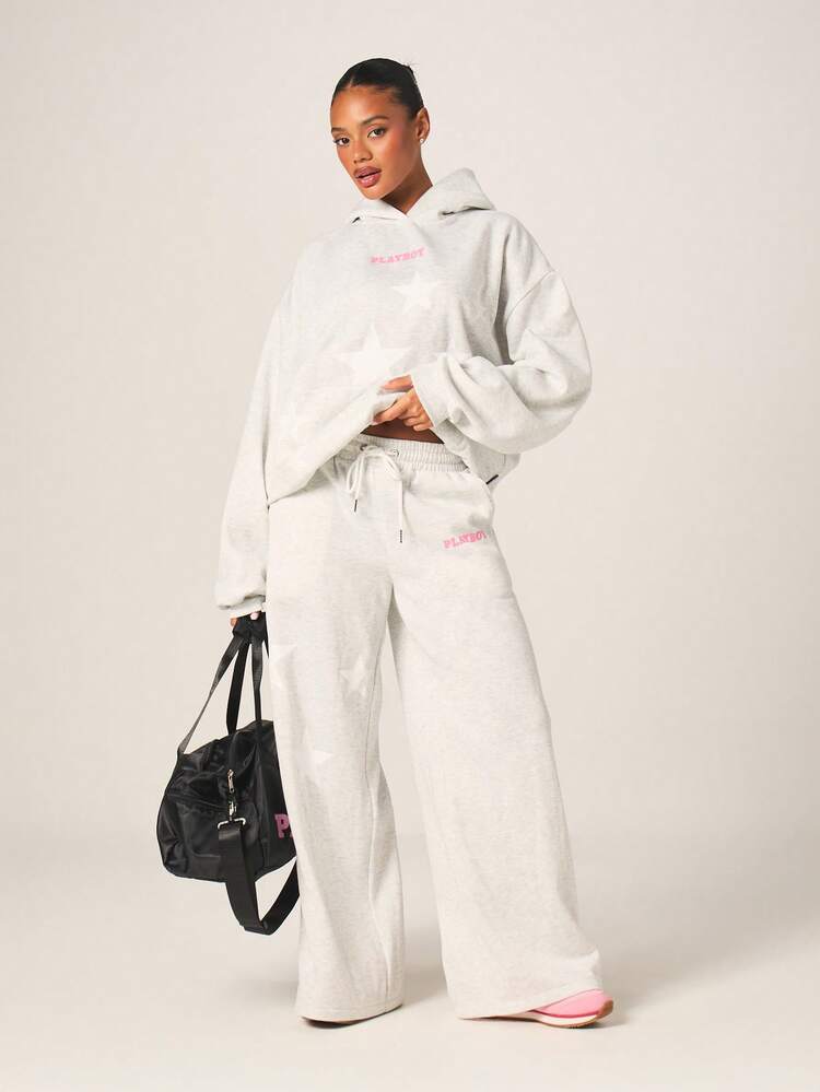 Missguided x Playboy Women's Star Graphic Heather Grey Wide Leg Jogger Sweatpants With Pink Logo Print Casual Drawstring Waist