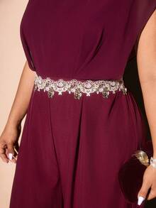 Allurite Plus Size Women Elegant Burgundy Summer Wedding Guest Outfits,Sleeveless Chiffon Patchwork Lace Trim Jumpsuit,Formal Graduation Outfit For Mother - Burgundy - View 1