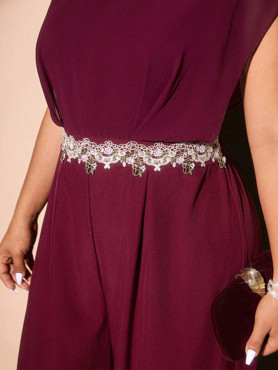 Allurite Plus Size Women Elegant Burgundy Summer Wedding Guest Outfits,Sleeveless Chiffon Patchwork Lace Trim Jumpsuit,Formal Graduation Outfit For Mother - Burgundy - View 1