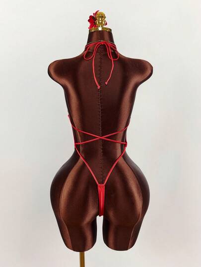 Amplova Women's Backless Solid Color One-Piece Swimsuit, Red Color, Suitable For Music Festivals, Tie-Up Spaghetti Straps, Sexy & Avant-Garde, Suitable For Beach Vacation, Shiny